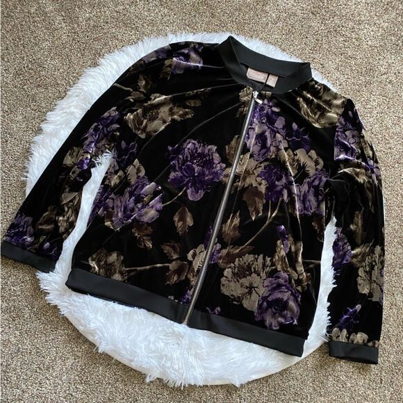 Chico’s Floral Velour Jacket Full Zip Lightweight Women’s Large Stretch Velvet - Picture 1 of 10